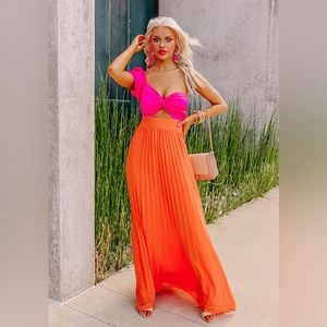 Orange and pink pleated maxi